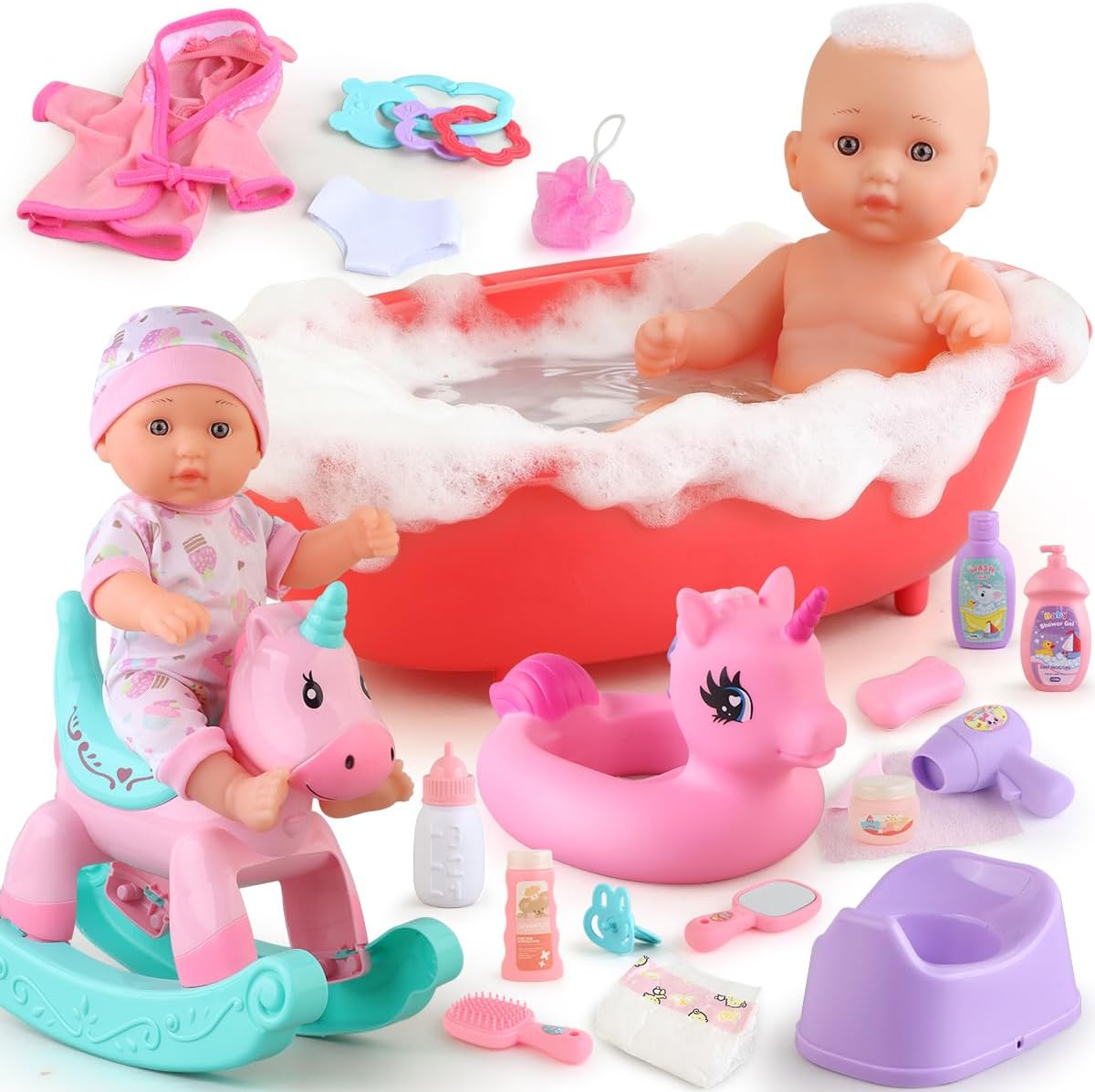 Juego de juguetes de baño para muñecas con bañera, muñecas de bebé...
