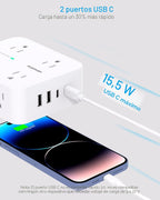 HANYCONY - Regleta protectora de sobretensiones de 10 pies, cable de extensión con 8 salidas de CA, 4 puertos USB (2 USB C), enchufe plano, estación de carga USB para escritorio de montaje en pared