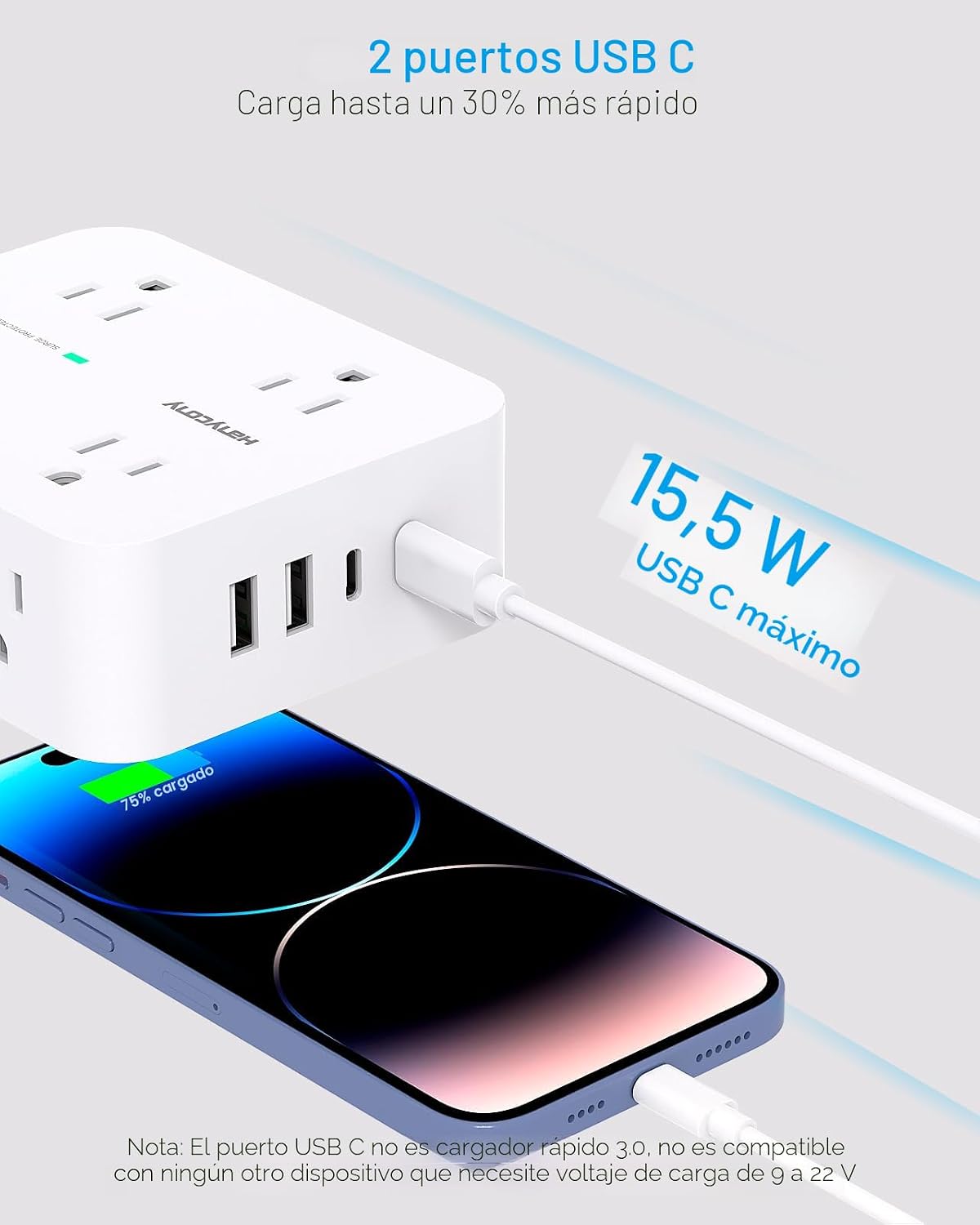 HANYCONY - Regleta protectora de sobretensiones de 10 pies, cable de extensión con 8 salidas de CA, 4 puertos USB (2 USB C), enchufe plano, estación de carga USB para escritorio de montaje en pared
