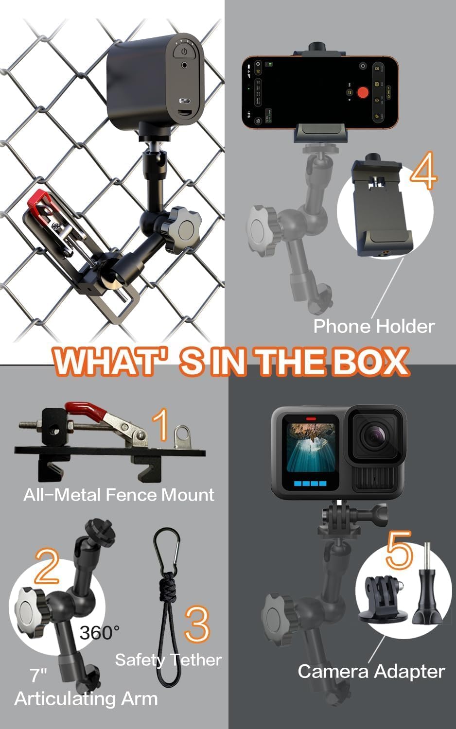 Soporte de valla para Mevo Start y iPhone, soporte de clip de valla ajustable con tres puntos de montaje de cámara de 1/4 pulgadas, kit de montaje de cambio de juego de configuración rápida