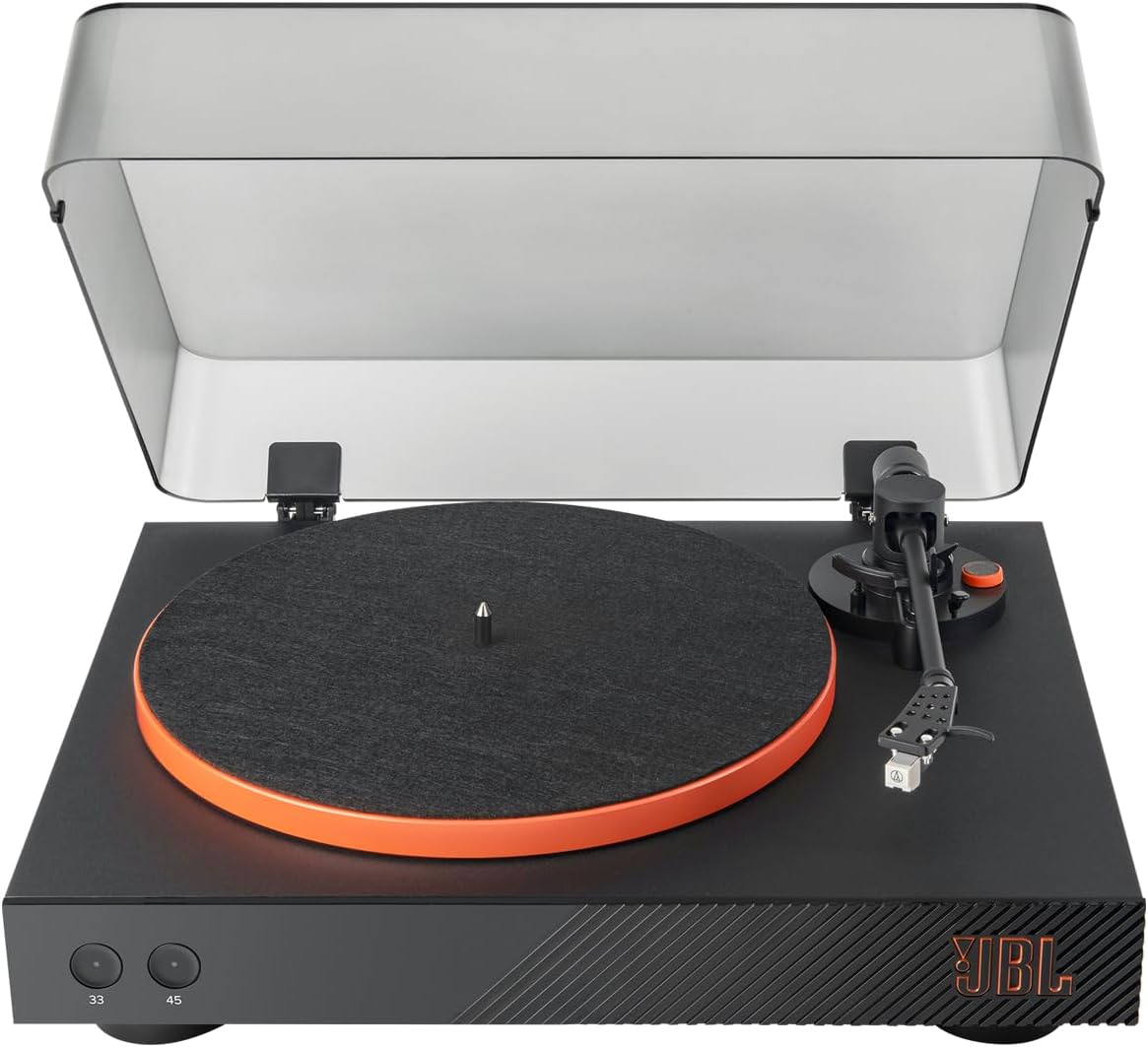 JBL Spinner BT - Bluetooth con tocadiscos AptX-HD™, componentes, portacápsula extraíble, bandeja de aluminio y transmisión por correa, cartucho de imán móvil preinstalado (negro)