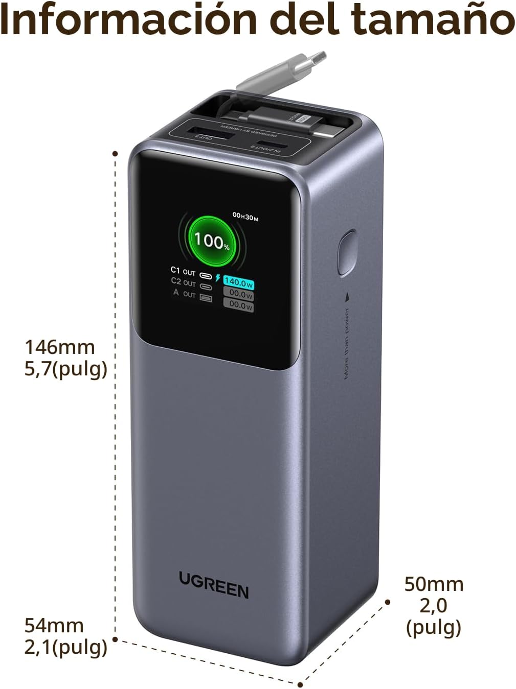 UGREEN Nexode Power Bank 20000mAh 165W con cable USB C incorporado,...