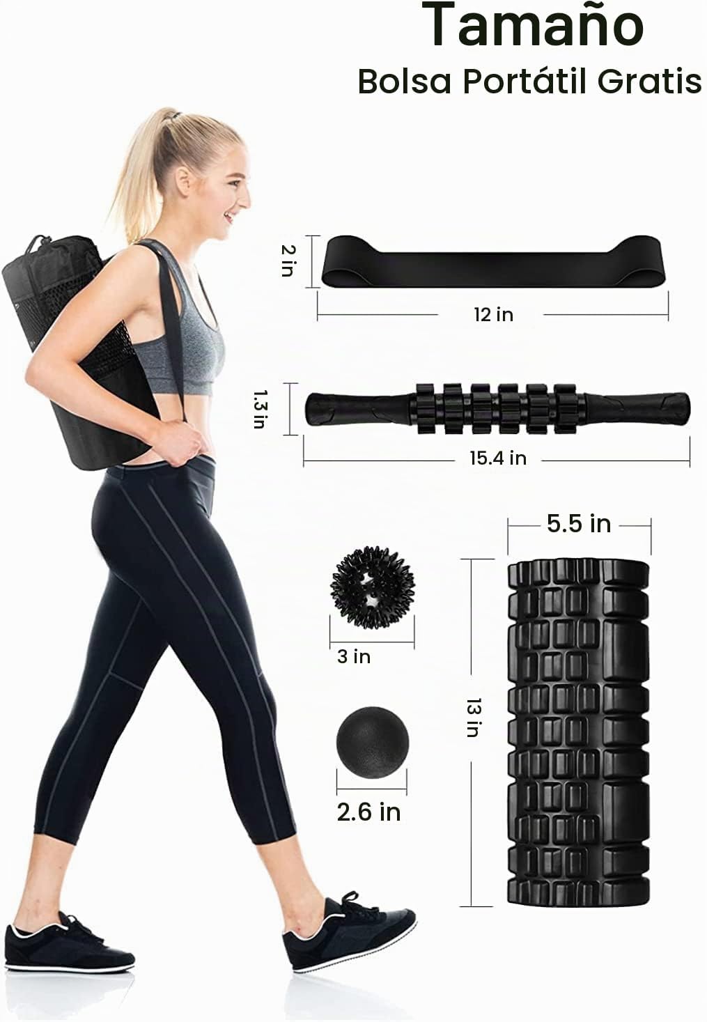Juego de rodillos de espuma 6 en 1, rodillo de espuma de punto gatillo, barra de yoga, bola de masaje, bola de fijación, correa de estiramiento de fitness, bolsa de transporte, toalla para masaje muscular profundo, pilates, yoga