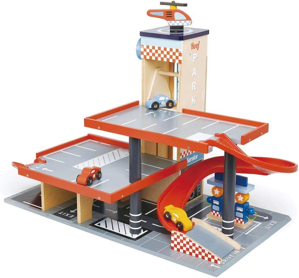 Tender Leaf Toys - Estación de servicio Blue Bird - Garaje clásico de madera y estación de servicio para automóviles y helicópteros con rampas, bombas de gasolina y centro de lavado de autos -