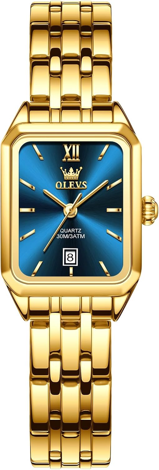 OLEVS Reloj de mujer de oro de acero inoxidable, reloj de cara cuadrada pequeña con decoración de diamantes, reloj de vestir de cuarzo analógico de lujo para mujer, reloj de pulsera impermeable con