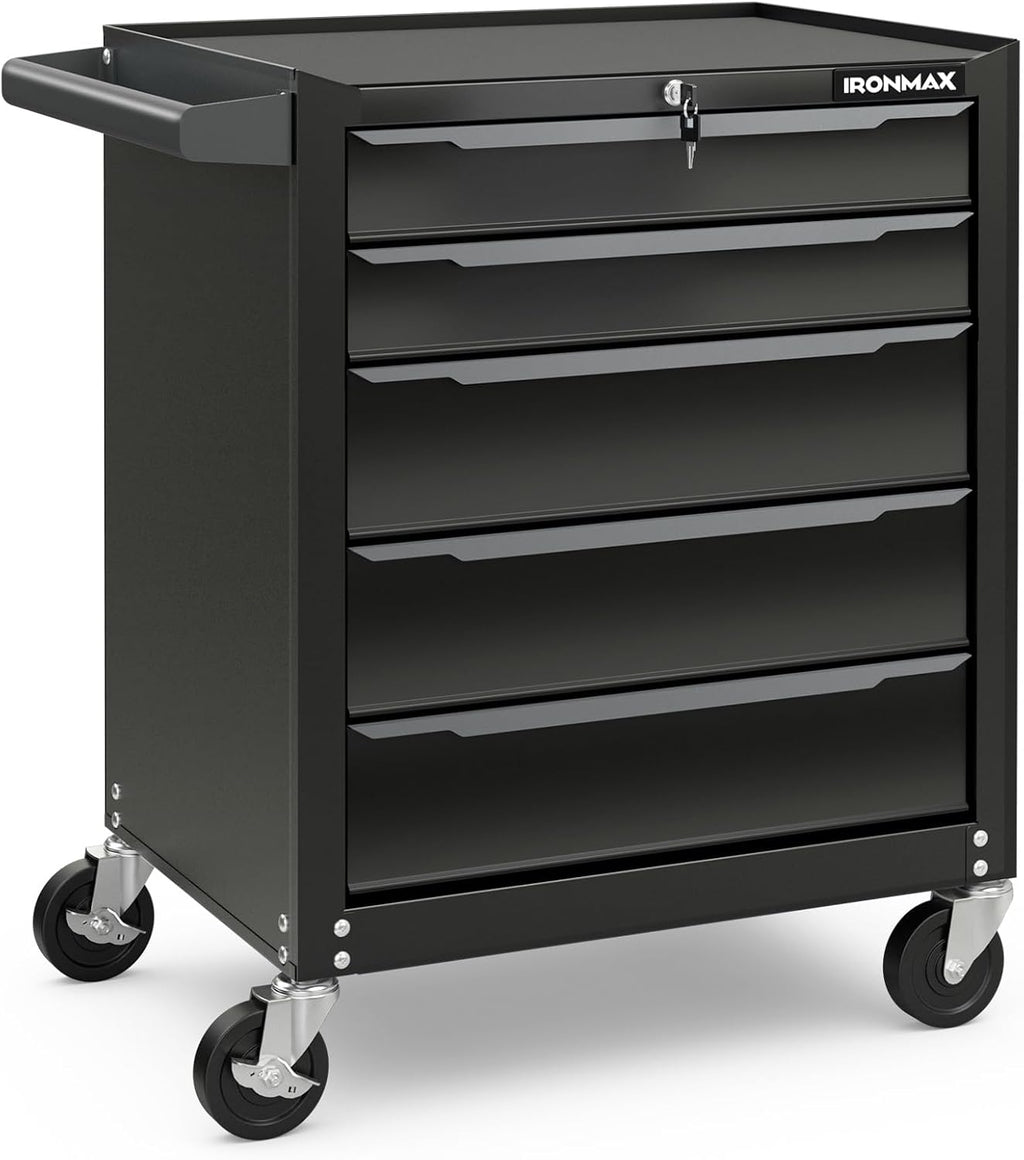 Goplus Cofre de herramientas con ruedas de 5 cajones, gabinete de almacenamiento de herramientas de acero con asa, agujeros para colgar, sistema de bloqueo con llave central