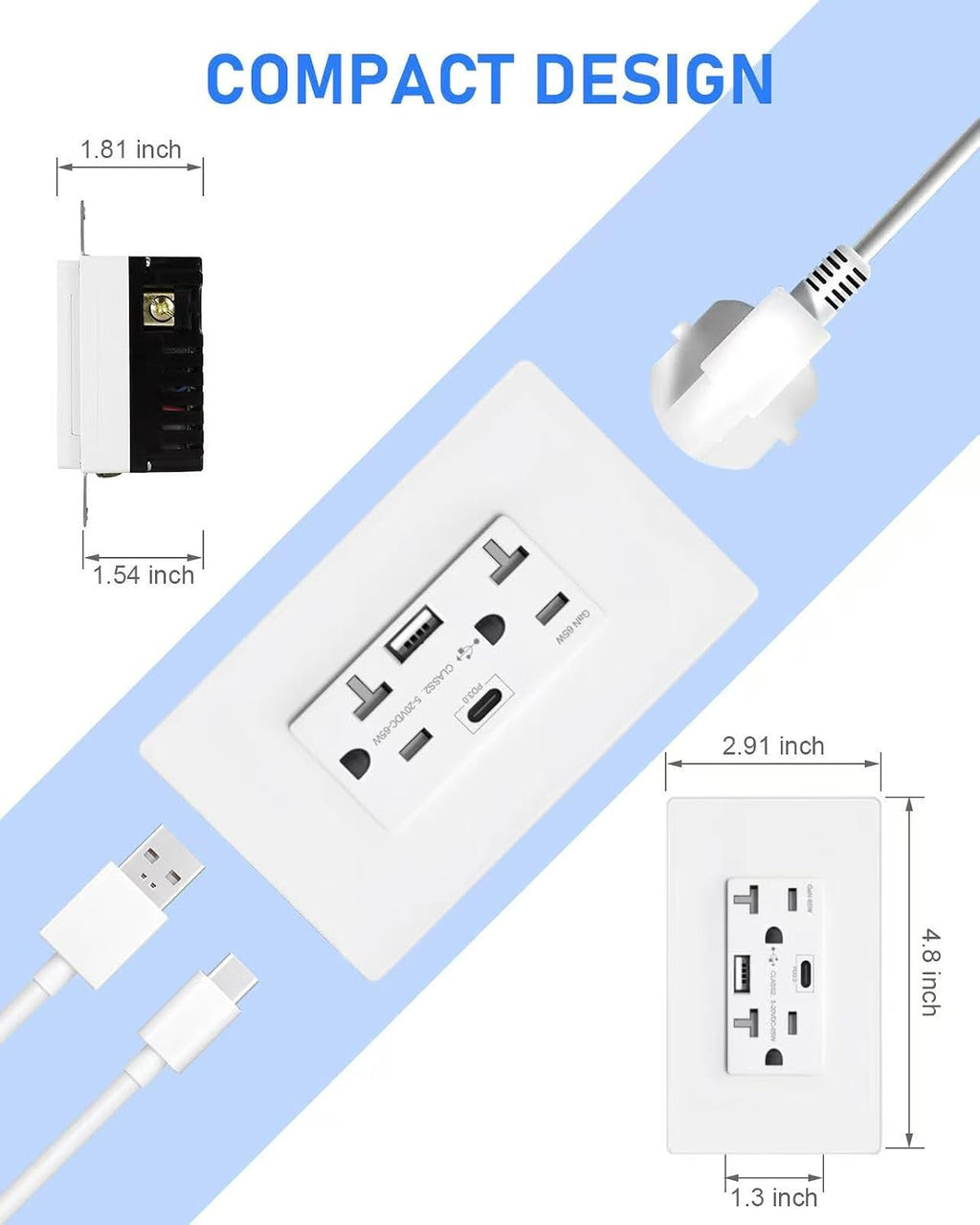 GaN - Toma de pared USB de 65 W, 6 amperios, 2 puertos, receptáculo resistente a manipulaciones de 20 amperios con 1 puerto USB tipo C y 1 puerto tipo A, cargador USB para laptop USB-C