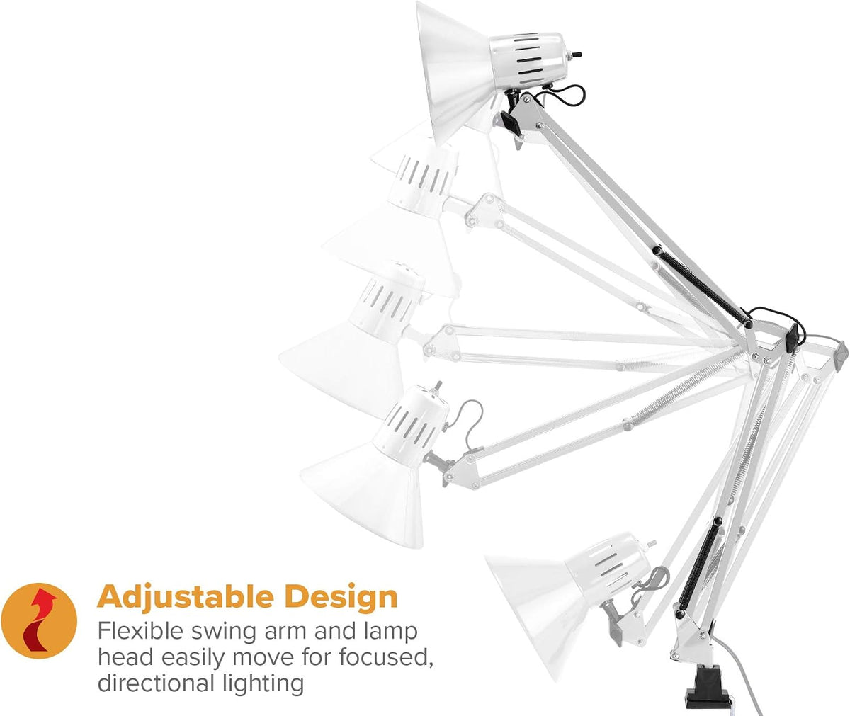 Lámpara Bostitch Office VLF100-WHT - Lámpara de escritorio con brazo oscilante con montaje de abrazadera, alcance de 36 pulgadas con ajuste de múltiples juntas, incluye bombilla LED reemplazable (VLF), color