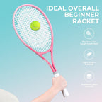 HIRALIY Juego de raquetas de tenis de 27 pulgadas para adultos, raquetas de tenis preencordadas para 2 jugadores, 2 cintas de sobreagarre, 3 pelotas y 1 bolsa de transporte, deporte recreativo al aire