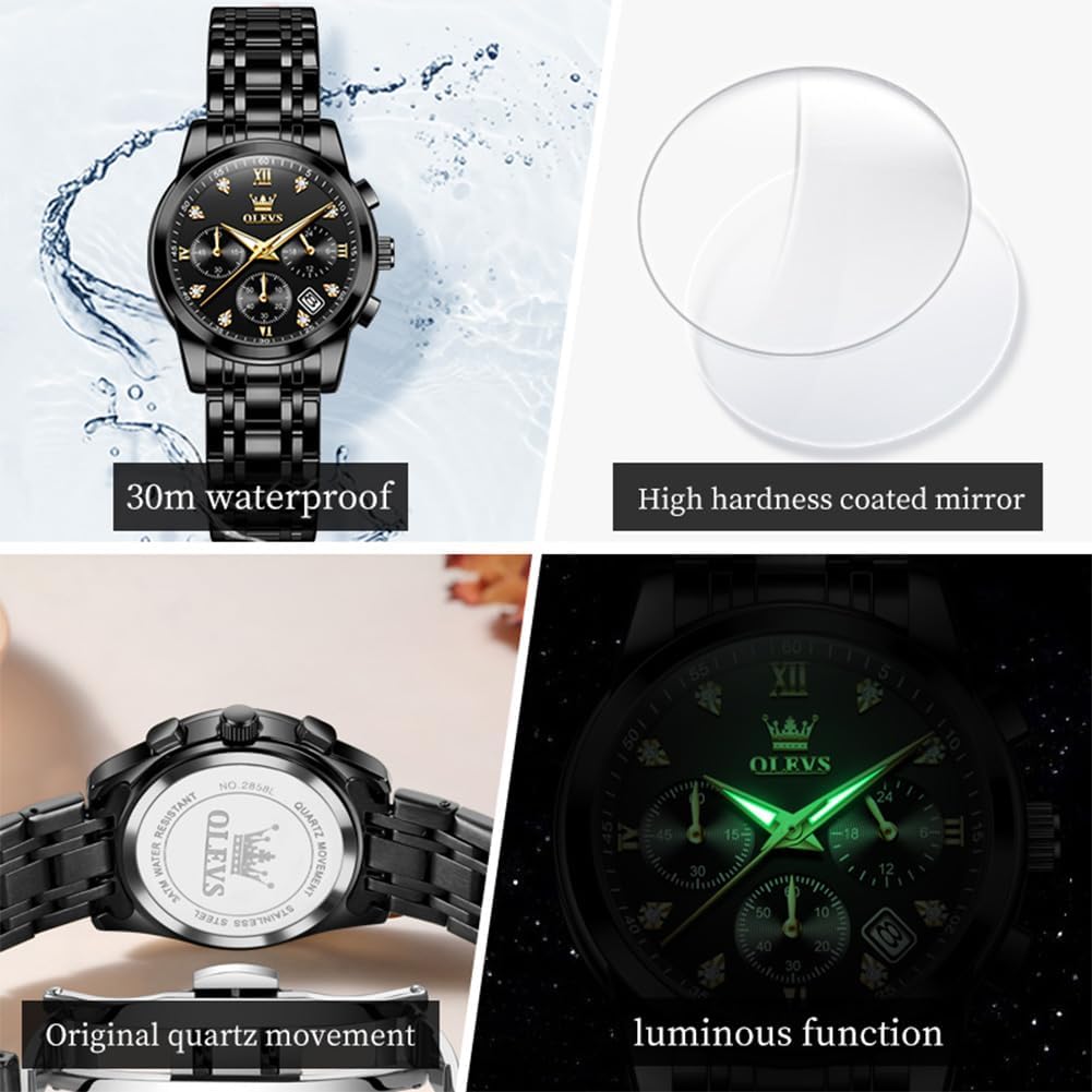 OLEVS Relojes para mujeres de negocios, con diamante, pulsera de acero inoxidable, fecha, impermeable, tono bicolor para mujer