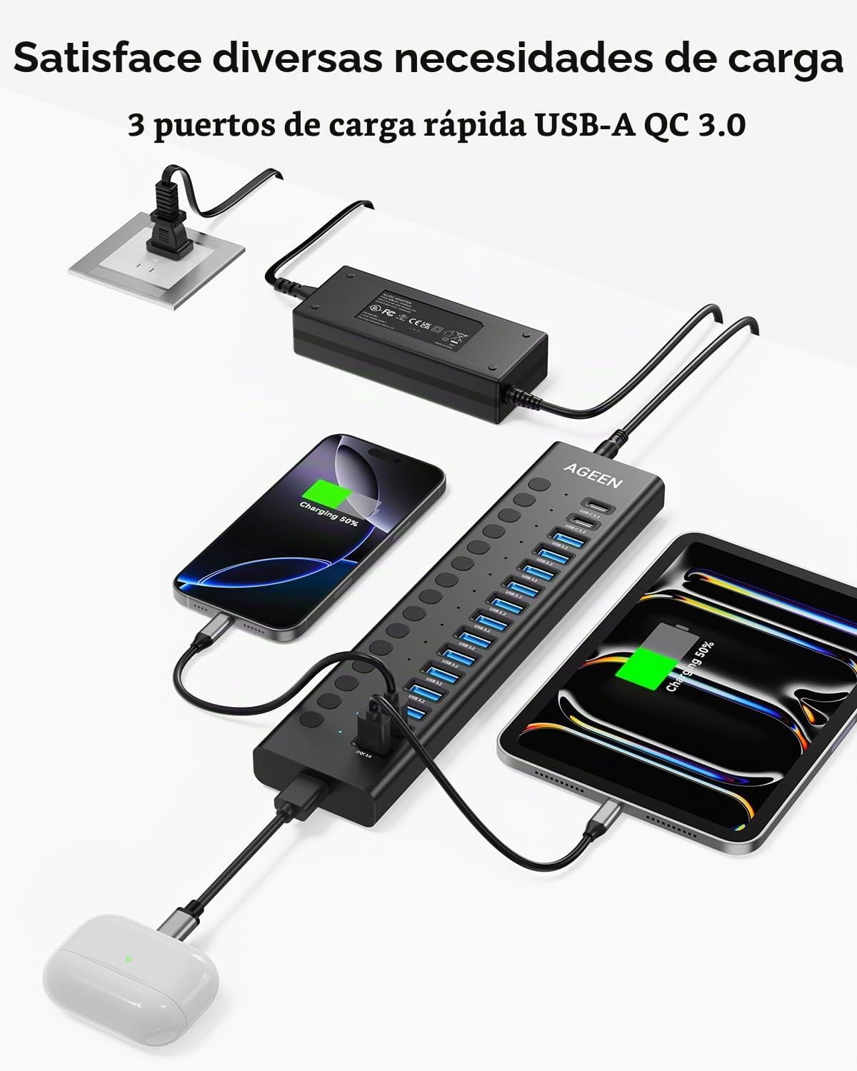 AGEEN, MKI-1200800C8, hub USB 3.2 de 16 puertos, alimentado
