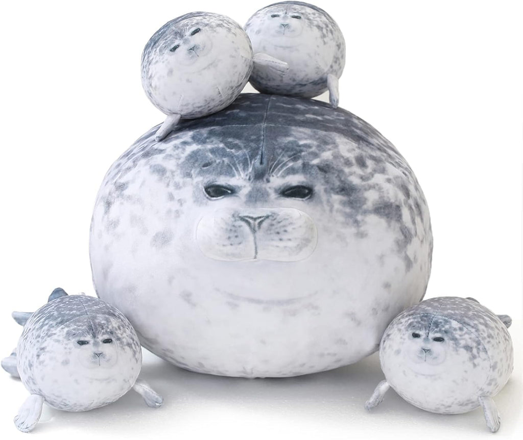 SQEQE Chubby Seal Almohada de peluche con 4 peluches de foca de bebé en su barriga, Sello