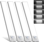 Paquete de 4 luces para debajo del gabinete, luz recargable con sensor de movimiento para interiores, luces magnéticas inalámbricas regulables, 32 luces LED debajo de la encimera para cocina, armario, escaleras, luz blanca
