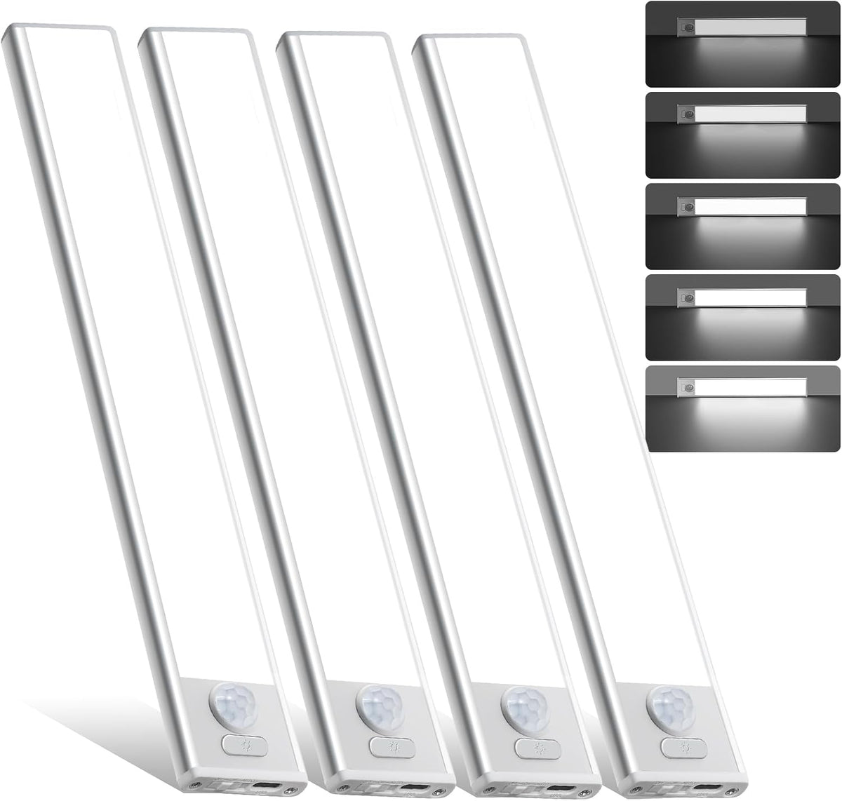 Paquete de 4 luces para debajo del gabinete, luz recargable con sensor de movimiento para interiores, luces magnéticas inalámbricas regulables, 32 luces LED debajo de la encimera para cocina, armario, escaleras, luz blanca
