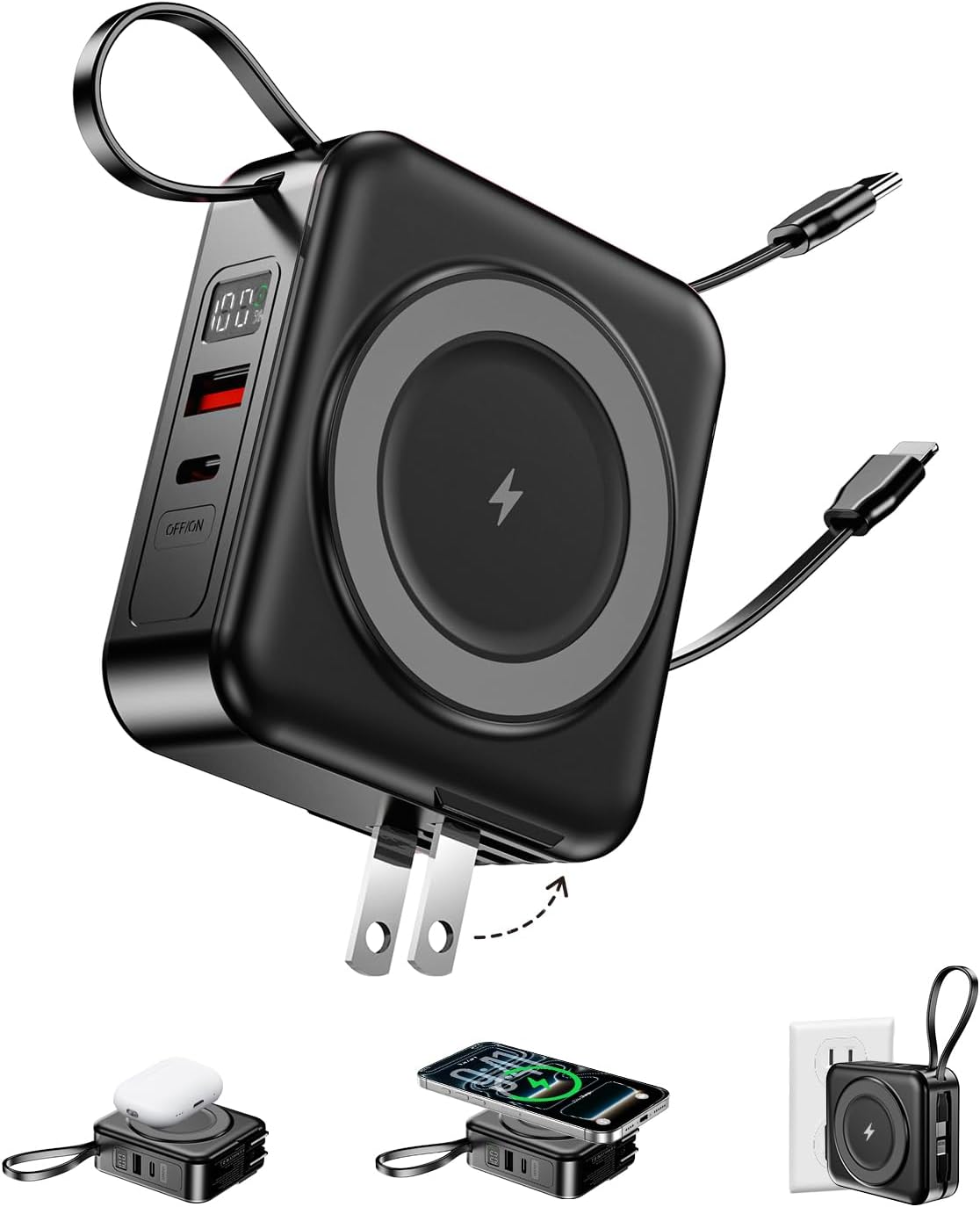 10000mAh para cargador portátil Magsafe Cables integrados y enchufe, Negro