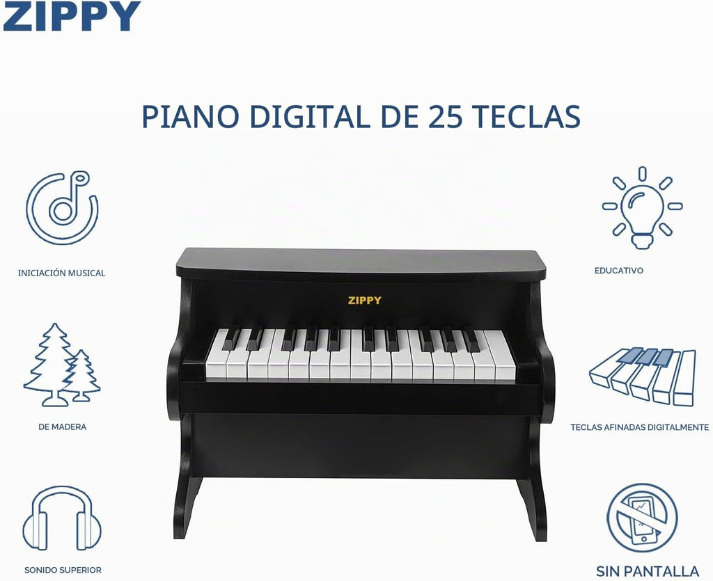 Teclado de Piano para Niños ZIPPY, Piano Digital de 25 Teclas para Niños, Mini Instrumento Educativo Musical de Juguete, Juguete de Madera para Niñas y Niños (Negro)