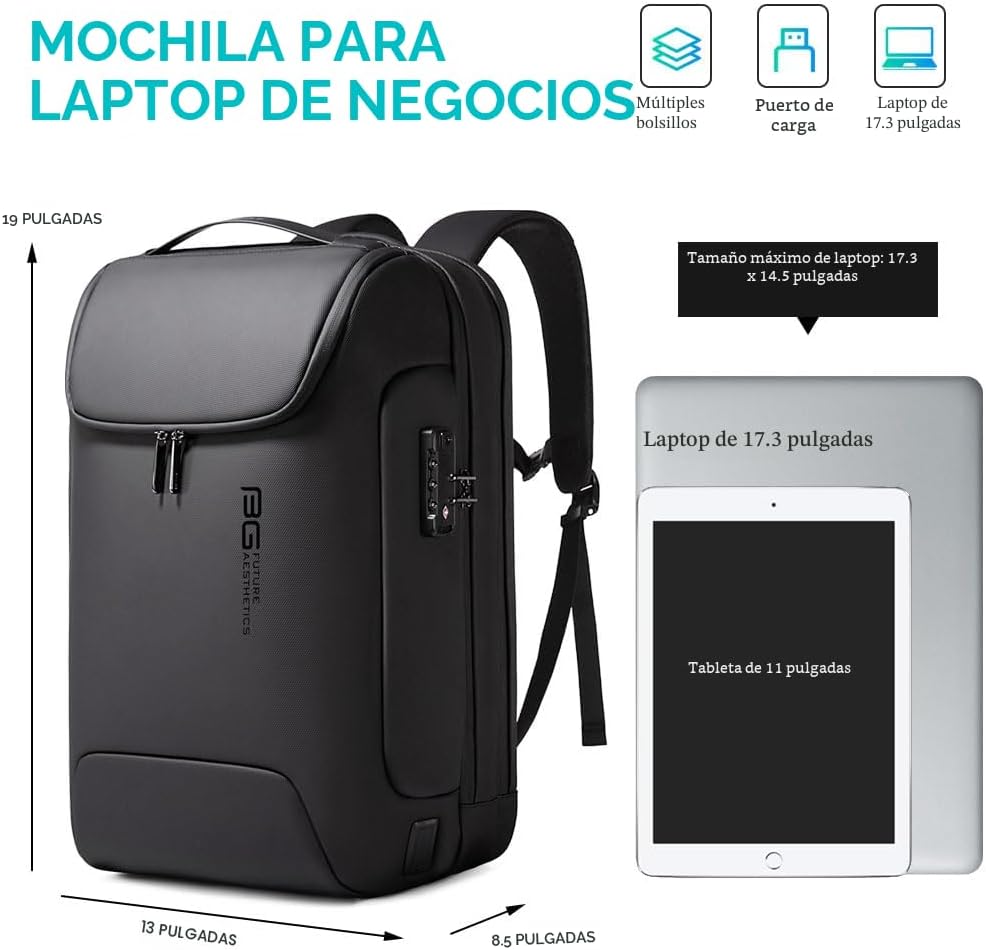 BANGE Mochila antirrobo con puerto de carga USB, mochila de negocio...