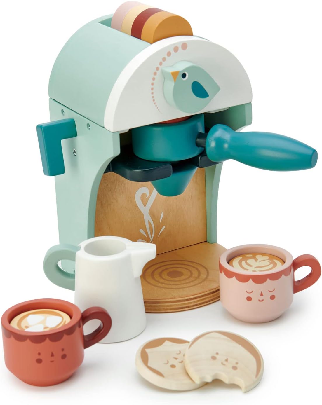 Tender Leaf Toys - Máquina de café de madera Babyccino Maker juguete de juego de comida con cápsulas y tazas de expreso hecho de materiales de primera calidad, artesanía a partir de 3 años