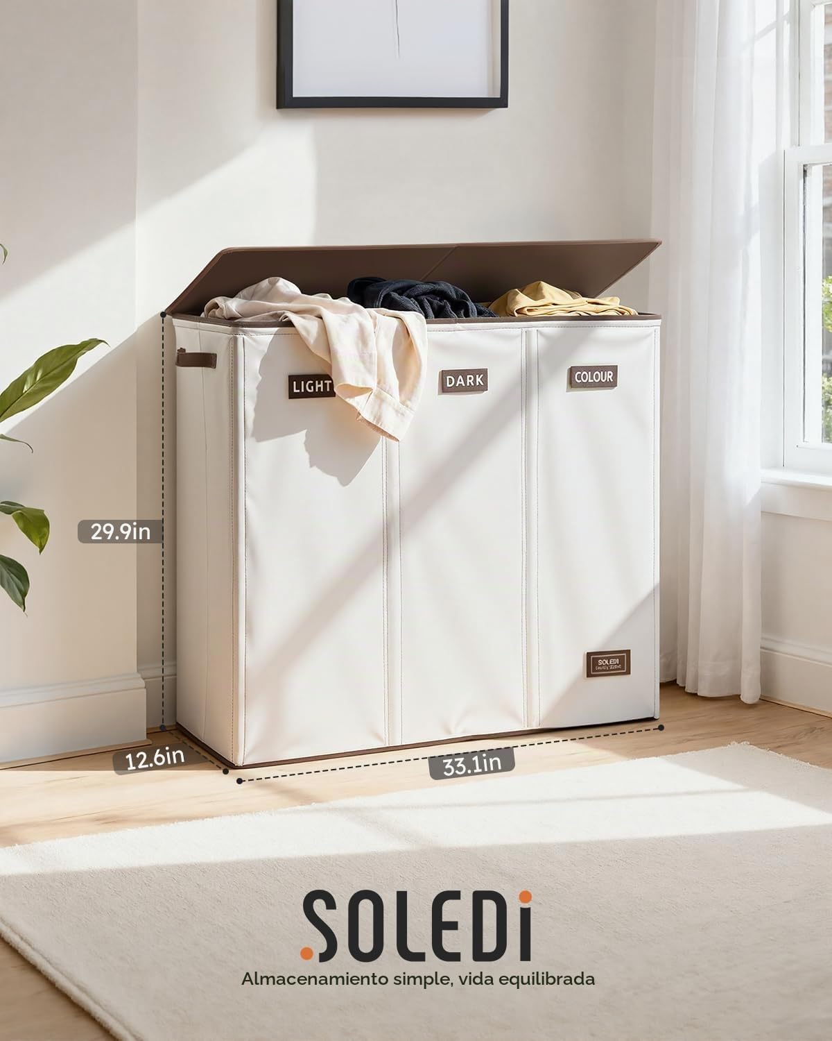 SOLEDI Cesta de lavandería de 3 secciones de 200 litros con tapa, cesta de ropa sucia extragrande con asas resistentes para lavandería y dormitorio, organizador duradero para clasificar la ropa sucia