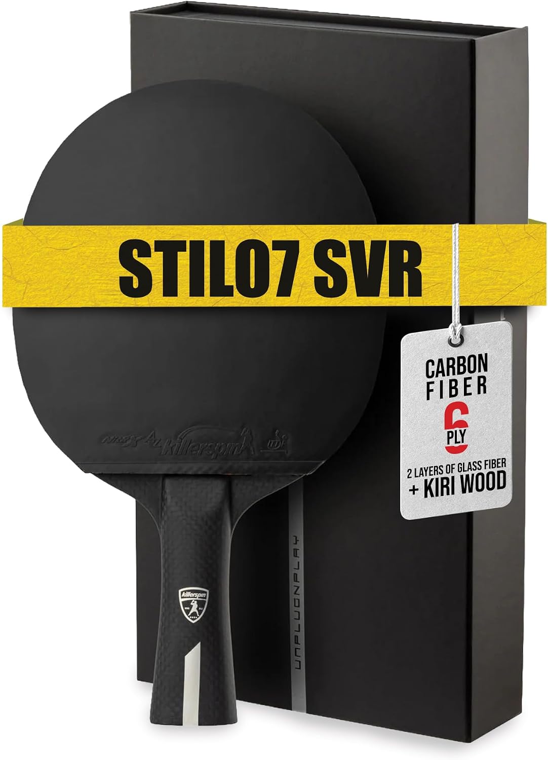 Killerspin Stilo7 SVR - Raqueta de ping pong, raqueta de tenis de mesa de nivel de rendimiento con tecnología de carbono, funda de libro de memoria, color negro