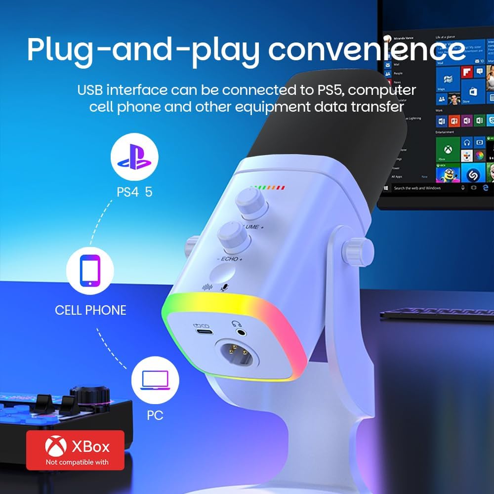 EASEMELO Micrófono dinámico de escritorio USB\/XLR con luz RGB, red...
