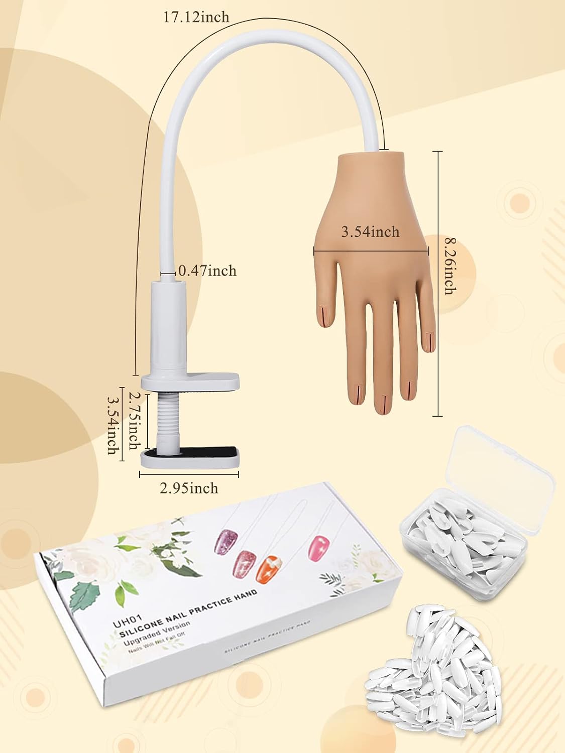 Mano de práctica para uñas acrílicas, uñas que nunca se caen, 1 mano falsa con 100 puntas de uñas