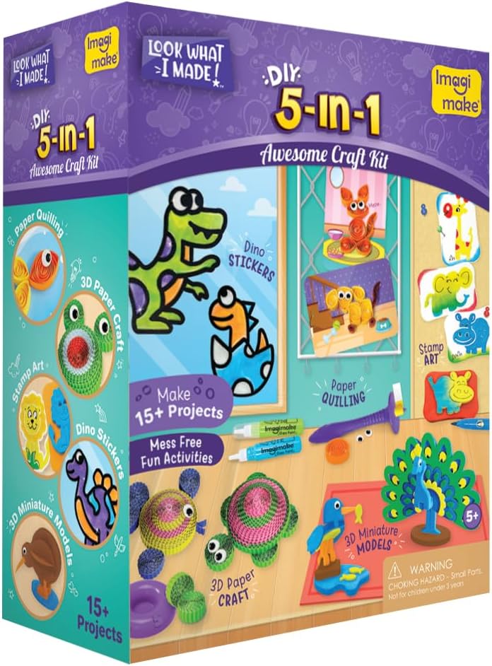 Imagimake 5-en-1 Awesome Craft Kit | Incluye 15+ proyectos | Crafts para niños de 4-8 años | Regalos de cumpleaños para niña de 5 a 7 años | Arts y Crafts para niños de 6-8 años | Regalo de cumpleaños para niña de 6 años
