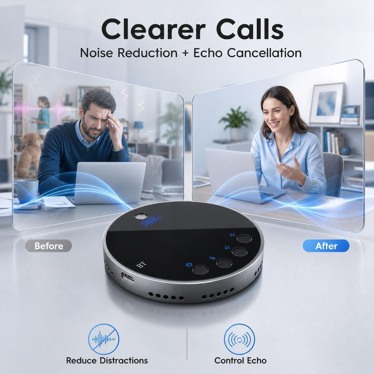 Altavoz de conferencia Bluetooth y micrófono, altavoz Bluetooth para sala de reuniones pequeña, altavoz de conferencia inalámbrico 360 ° con cancelación de ruido micrófonos para computadora