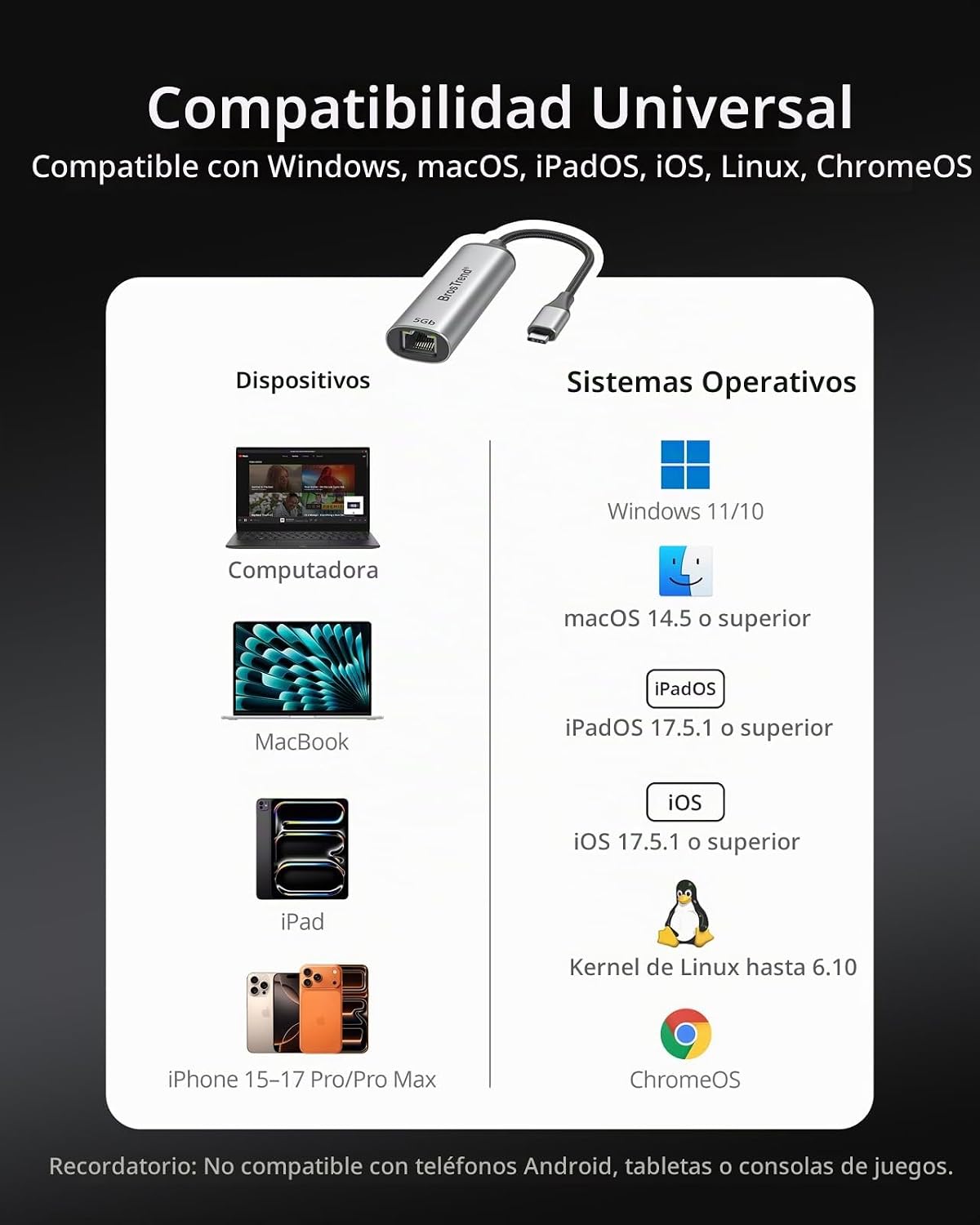 BrosTrend Adaptador USB C a Ethernet de 5 Gb para Windows, MacOS iOS, Plug