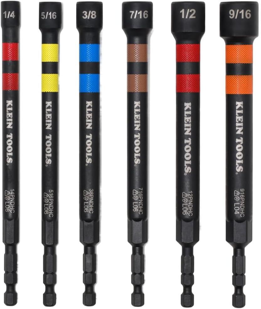 Klein Tools 32940 SAE Juego de Llaves de Tuercas de Impacto Huecas Magnéticas, 6 Piezas Codificadas por Color Llave de Tuercas Hueca de Potencia con Alcance Extendido, 6 Tamaños SAE