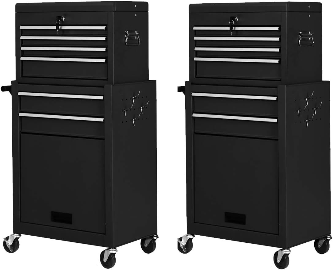 Juego de 2 cajas de herramientas con ruedas, juego de 2 cajas de herramientas de 6 cajones, organizador de almacenamiento de herramientas extraíble con cerradura