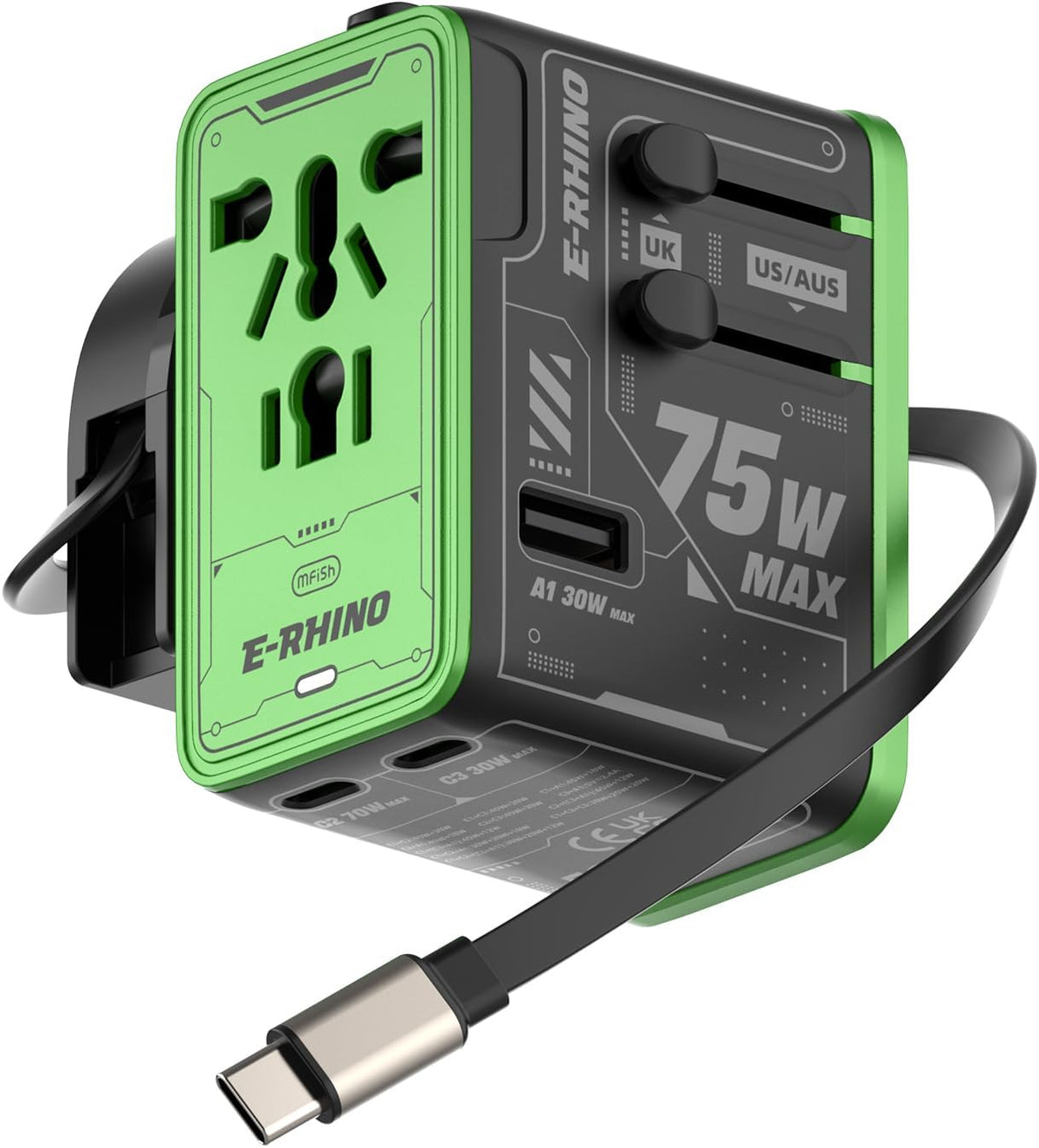 Adaptador de viaje universal de 5 puertos de 75 W, carga todo en uno