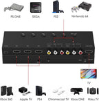 Interruptor HDMI/AV de 5 pulgadas a 1 salida (2 entradas AV+3 entradas HDMI 2.0) convertidor RCA a HDMI para PS1/2/3/4/5, N64, SNES, Switch, DVD, Roku, etc.