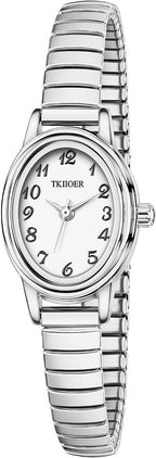 Relojes pequeños de oro para mujer, reloj analógico de esfera fácil de leer, caja ovalada, banda de expansión de acero inoxidable, reloj impermeable