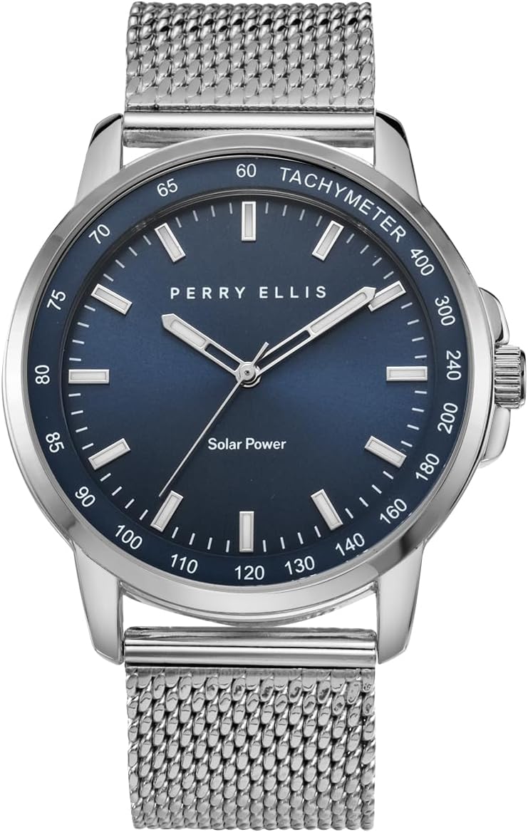 Perry Ellis Reloj para hombre con energía solar | Correa de malla de acero | Relojes de pulsera analógicos resistentes al agua para hombre | Caja de 43mm | Bisel de tacómetro de aluminio | Elegante
