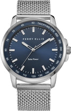 Perry Ellis Reloj para hombre con energía solar | Correa de malla de acero | Relojes de pulsera analógicos resistentes al agua para hombre | Caja de 43mm | Bisel de tacómetro de aluminio | Elegante