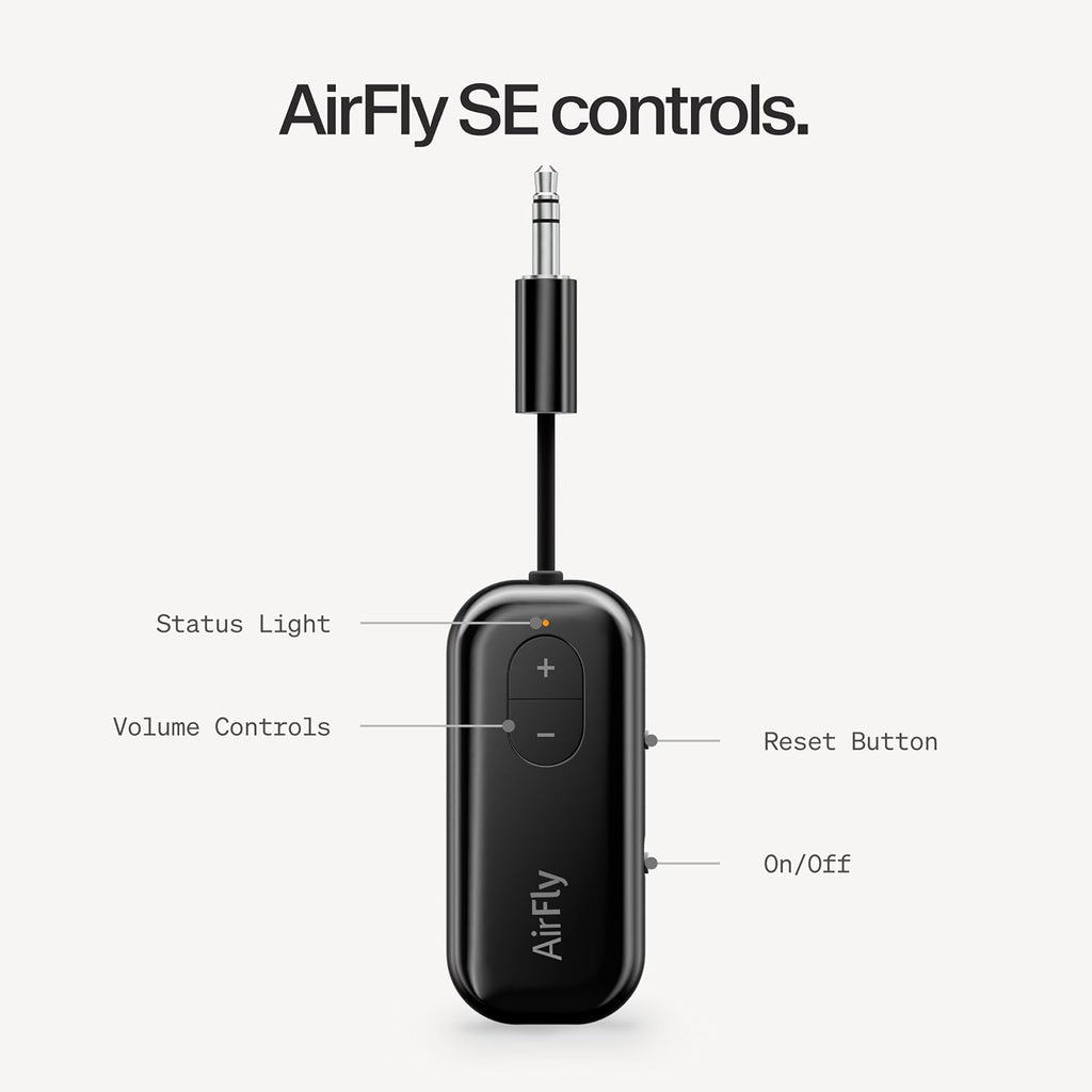 Twelve South AirFly SE, Transmisor de Audio Bluetooth Inalámbrico para AirPods/Auriculares Inalámbricos o con Cancelación de Ruido; Usar con Cualquier Conector de Audio de 3.5 mm en Aviones, Equipos