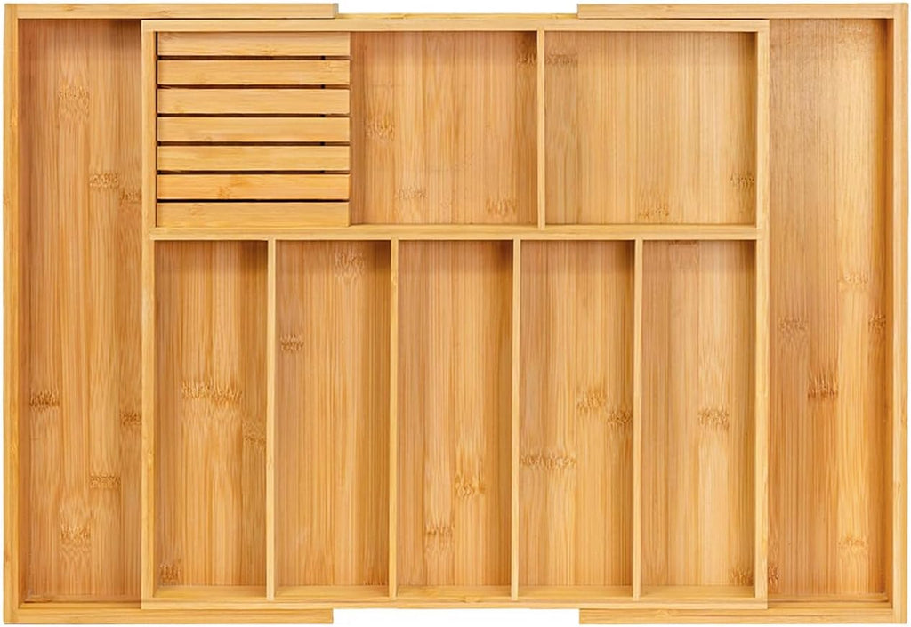 VaeFae Soporte para utensilios de cocina extra grande, organizador de cajones de cubiertos de bambú, organizador de cubiertos expandible con bloque de cuchillos, divisor de cajones multifuncional