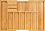 VaeFae Soporte para utensilios de cocina extra grande, organizador de cajones de cubiertos de bambú, organizador de cubiertos expandible con bloque de cuchillos, divisor de cajones multifuncional