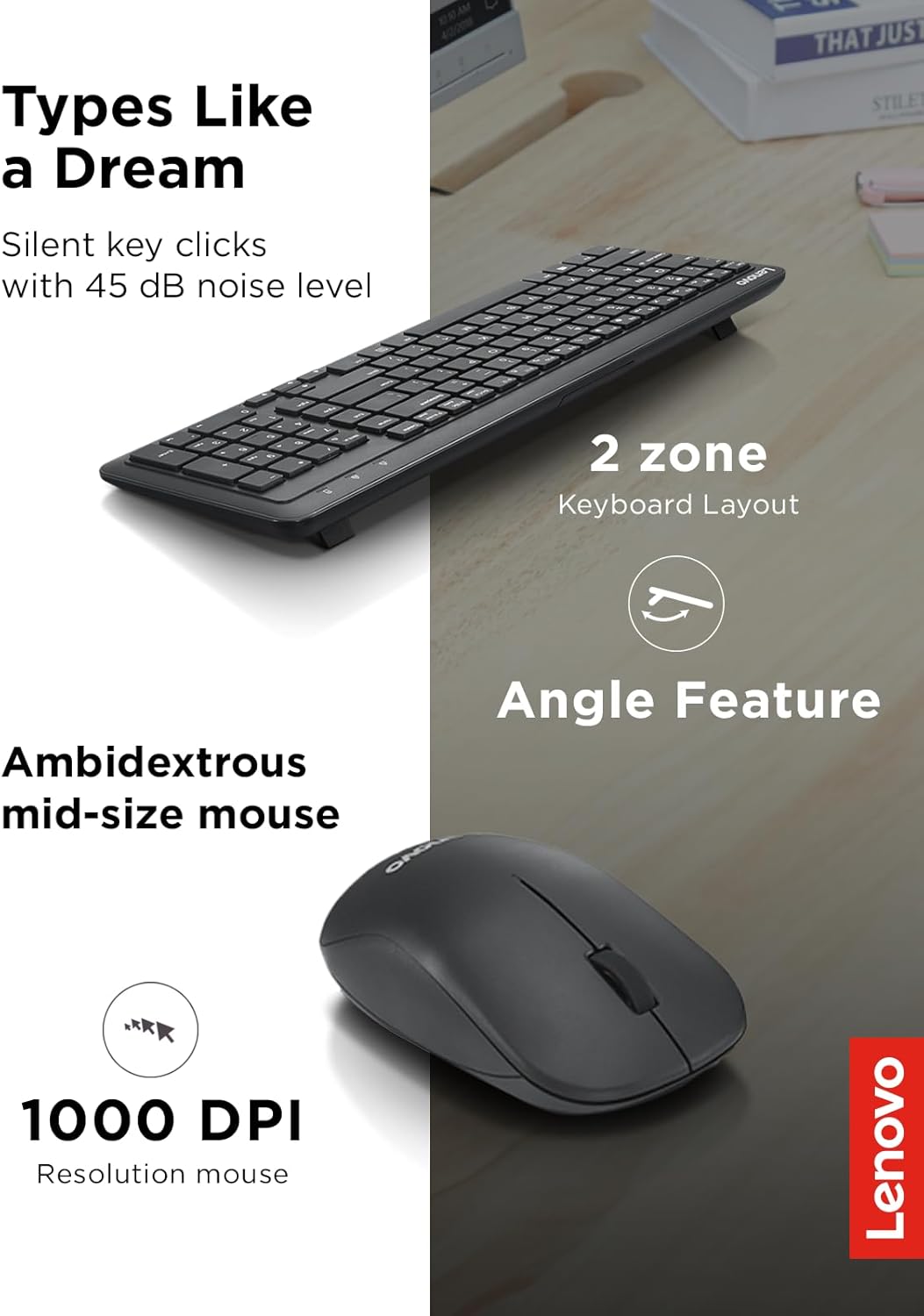 Lenovo 300 Combo de Teclado y Ratón Inalámbricos, Receptor Nano USB...