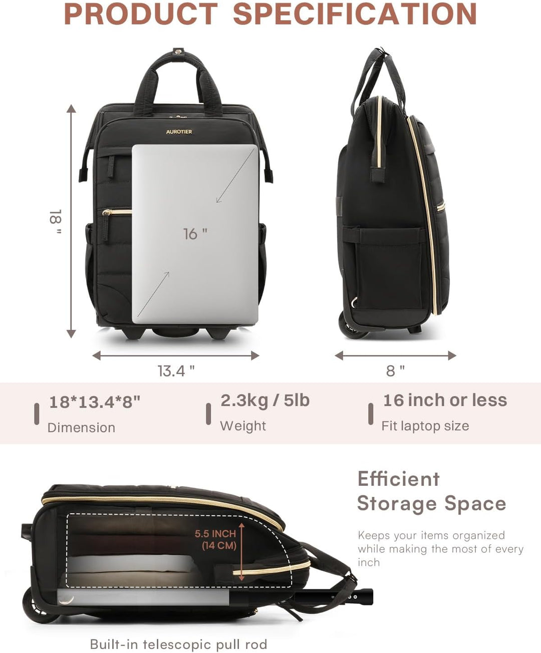 AUROTIER Mochila Puffer con Ruedas para Mujeres, Mochila de Viaje c...