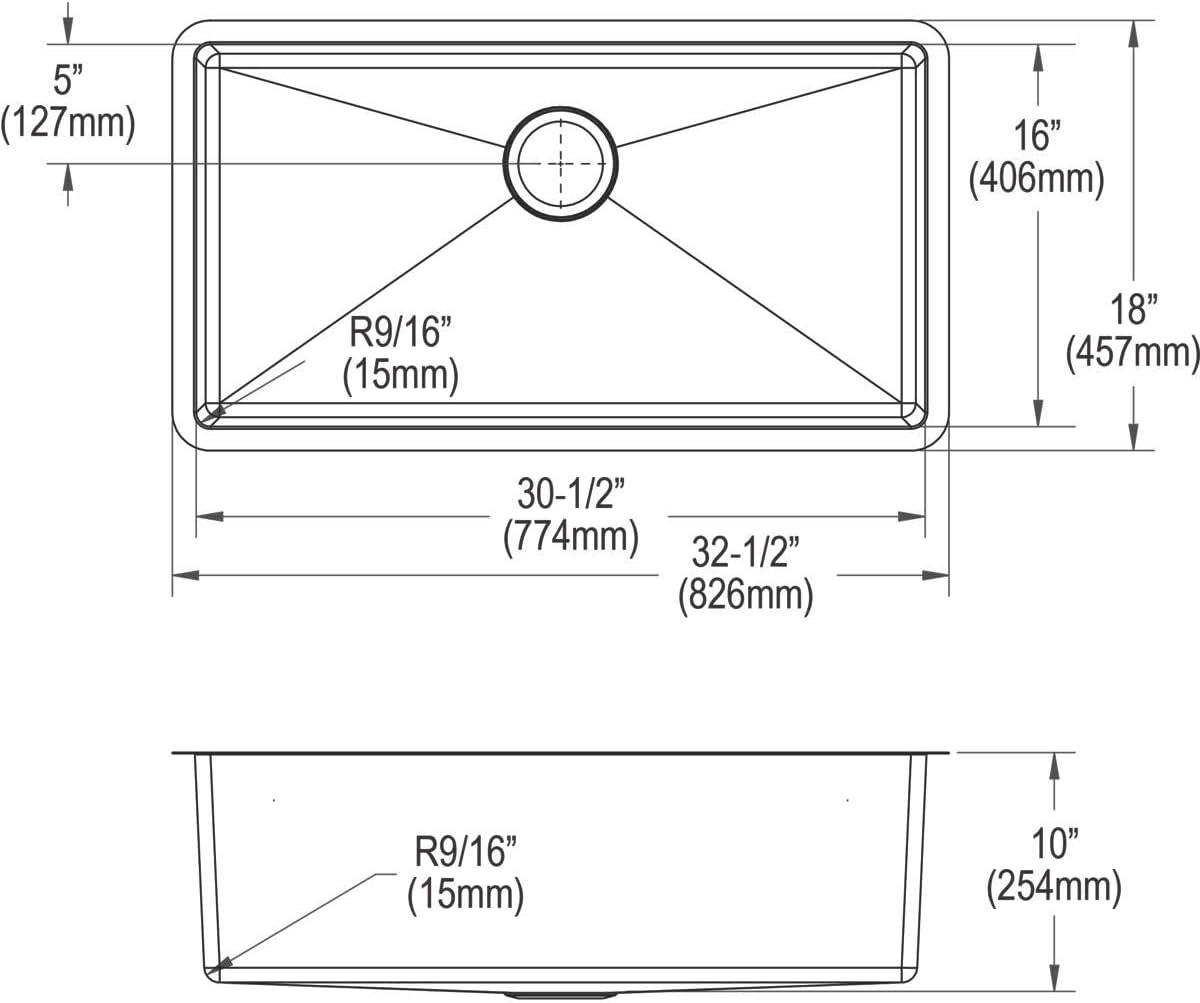 Elkay Crosstown Fregadero Undermount de Acero Inoxidable 16 Gauge 32-1/2" x 18" x 10" Tazón Único con Kit de Grifo