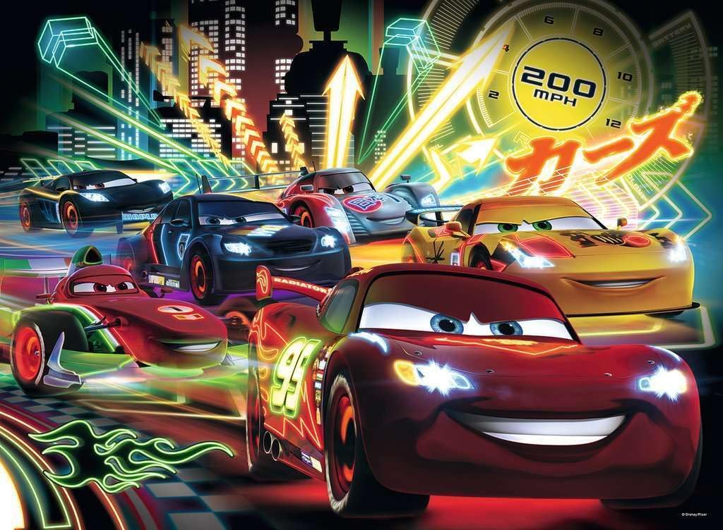 Ravensburger Disney Cars - Rompecabezas de neón de 100 piezas para niños, cada pieza es única, las piezas encajan perfectamente
