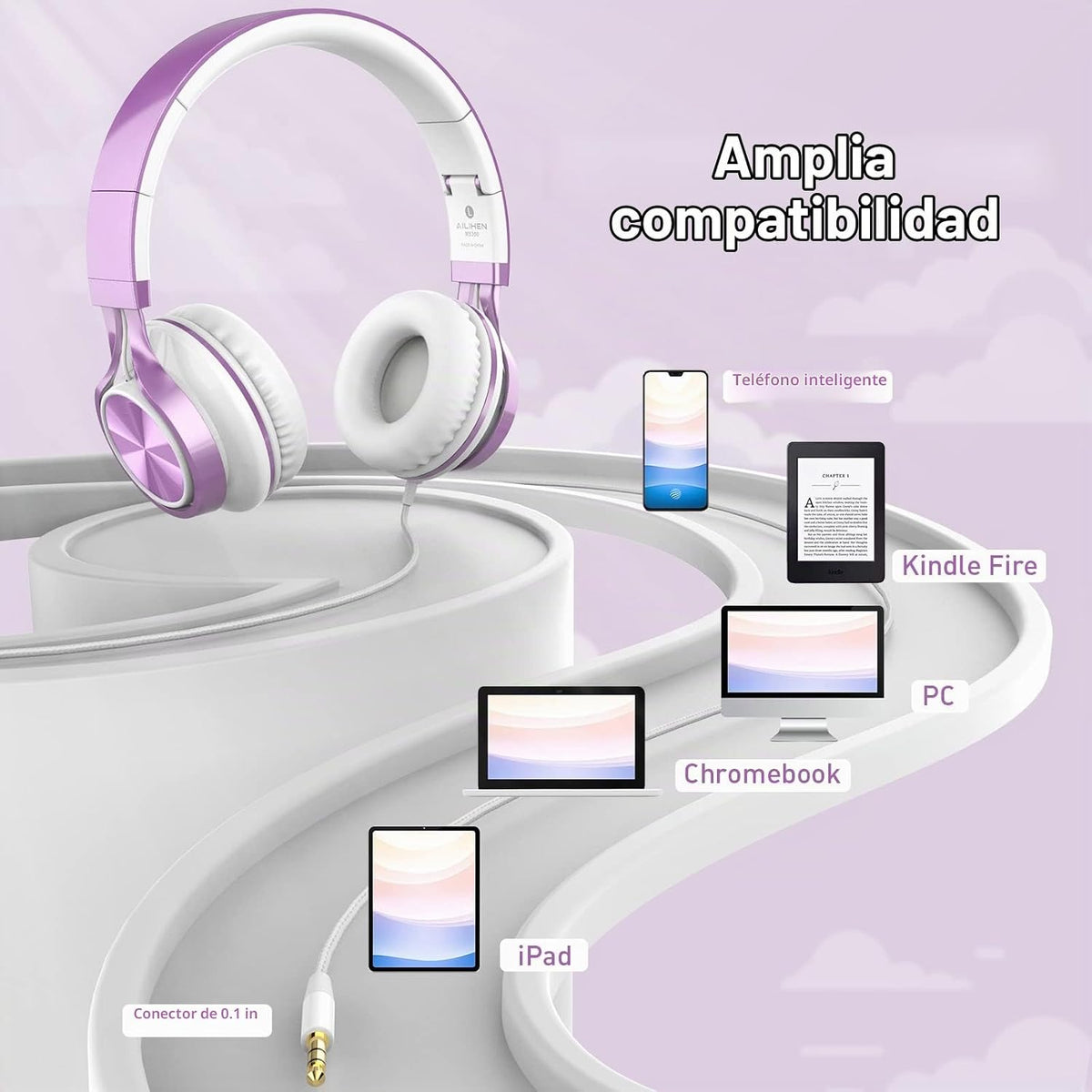 Ailihen Auriculares para Niños para Escuela con Micrófono, con cable, 3.5mm, Morado