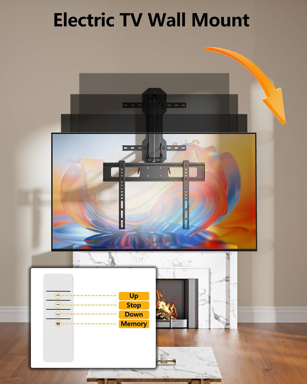 FORGING MOUNT Soporte de TV motorizado para chimenea con control remoto, soporte de TV de movimiento completo eléctrico para pantallas planas/curvas de 32″-85″, hasta 88 lbs, soporte para voltear y bajar para techo plano, VESA máximo 600x400 mm
