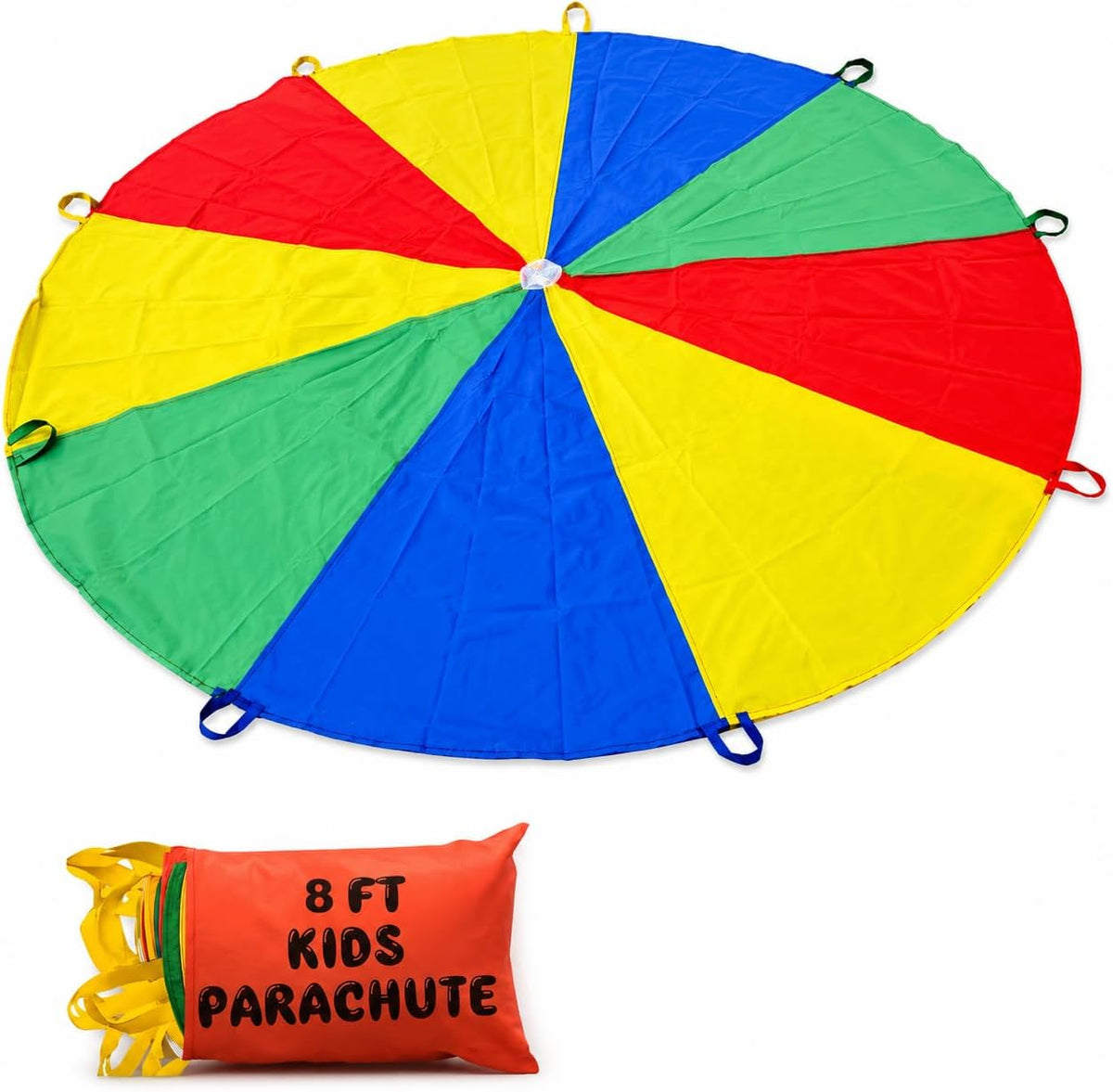 Paracaídas de 8 pies para niños con 9 asas para jugar paracaídas para 4 y 8 niños, tienda de campaña, juegos cooperativos, regalo de cumpleaños