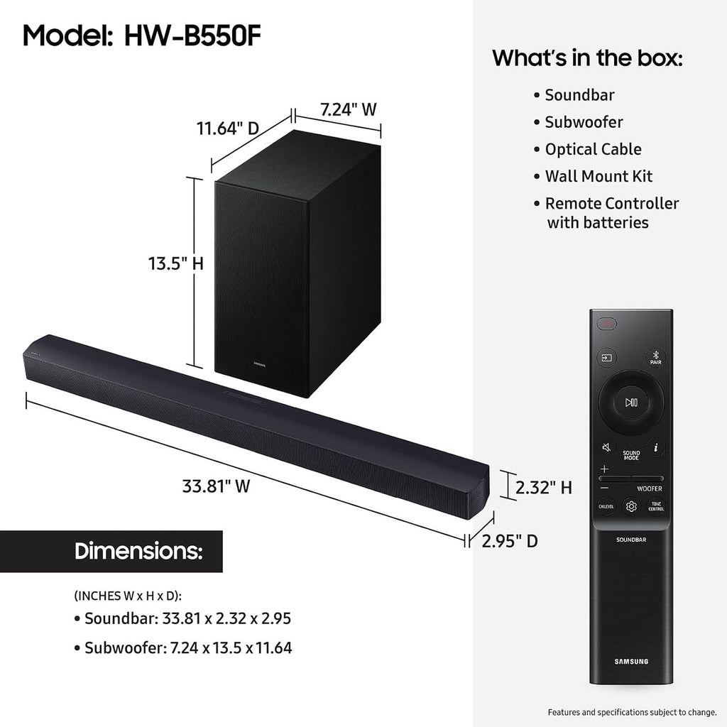 Samsung Barra de sonido de la serie B HW-B550F 2.1 ch DTS Virtual:X Barra de sonido con subwoofer (modelo 2025) Modo de mejora de voz, refuerzo de graves, sonido adaptativo