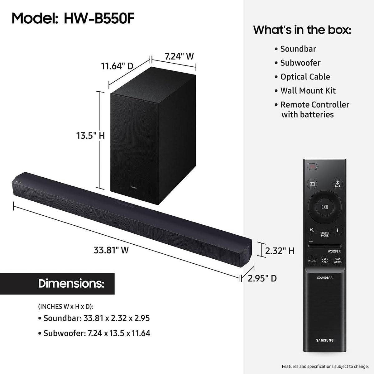 Samsung Barra de sonido de la serie B HW-B550F 2.1 ch DTS Virtual:X Barra de sonido con subwoofer (modelo 2025) Modo de mejora de voz, refuerzo de graves, sonido adaptativo