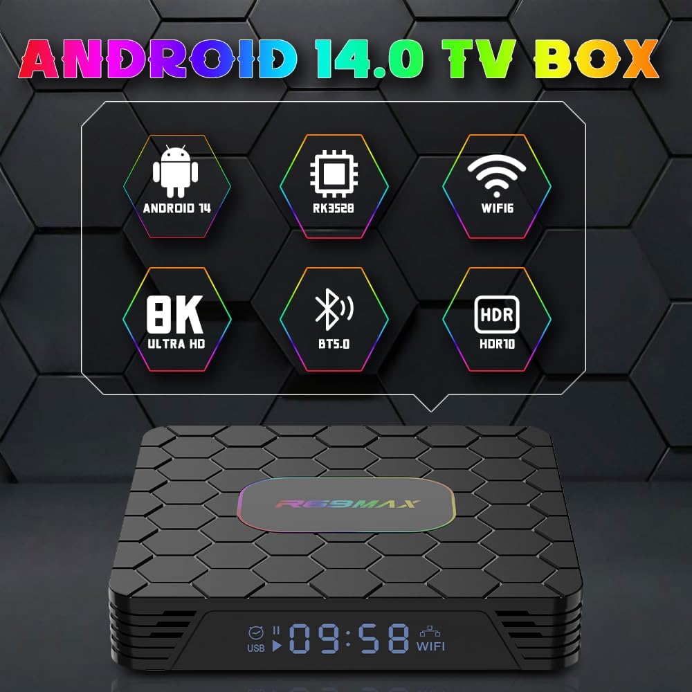 R69 Max Android TV Box con 4GB RAM 64GB ROM, 8K decodificación 2.4/5.0Ghz