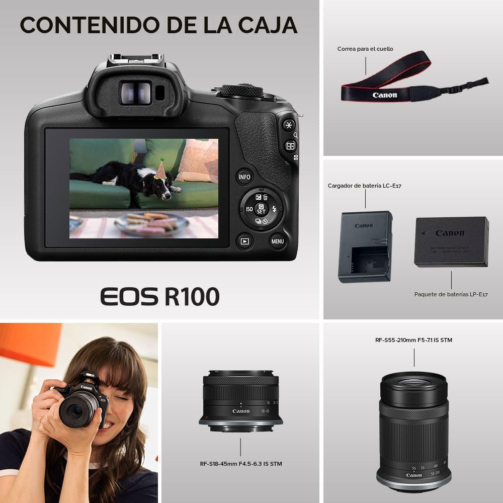 Canon Cámara sin espejo EOS R100 con lentes de 0.709-1.772